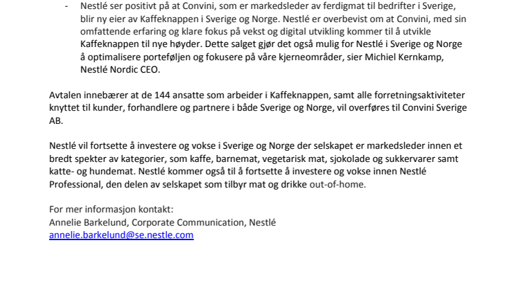 Nestlé selger Kaffeknappen til Convini
