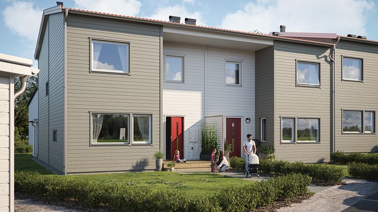 Illustration av entrésida med egen förstukvist och gräsmatta, BoKlok Majrovan i Simrishamn. 
