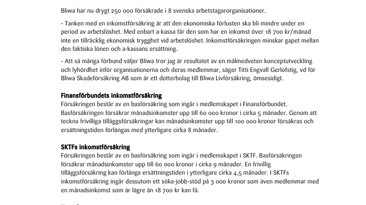Finansförbundet och SKTF de senaste i raden att välja Bliwa för inkomstförsäkring