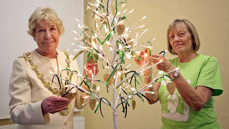 Picture: The Mayor of Bury, Councillor Dorothy Gunther, and Christine Mills tie ribbons to the ‘memory tree’ to mark World Suicide Prevention Day.