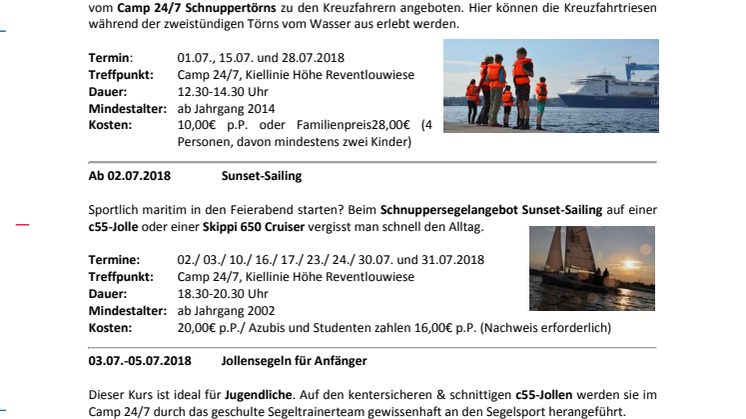Freie Segeltermine im Juli 2018 im Camp 24/7