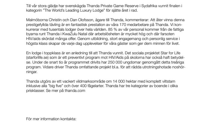 Svenskägda Thanda Private Game Reserve vinner resebranschens ”Oscars” för sjätte året i rad.