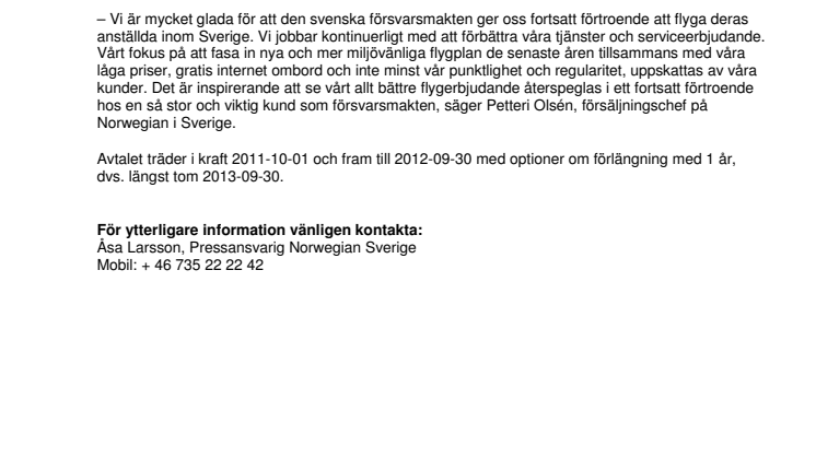 Svenska försvarsmakten väljer Norwegian för inrikesresor