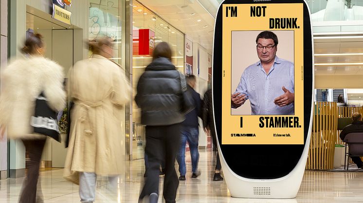 Image of STAMMA advert featuring Peter mid-stammer with the words 'I'm  not drunk, I stammer'