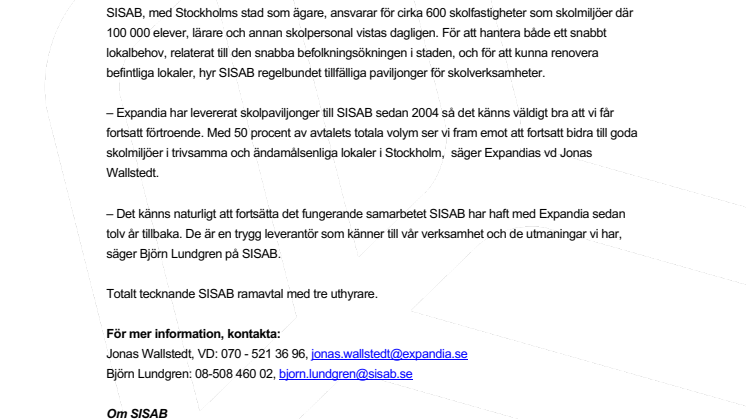 Expandia och SISAB tecknar treårigt ramavtal för  skol- och förskolepaviljonger i Stockholms stad