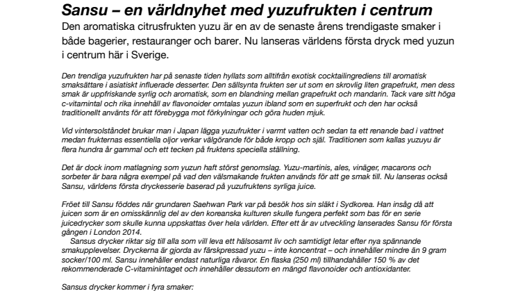 Sansu – en världsnyhet med yuzufrukten i centrum