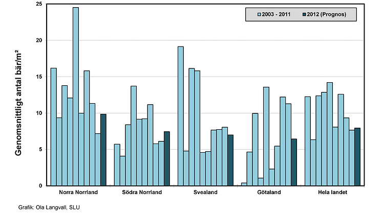 Figur 2: Blåbärsprognos från SLU, diagram som visar prognos för blåbärsförekomst 2012 i olika landsdelar jämfört med tidigare år, antal bär/m2