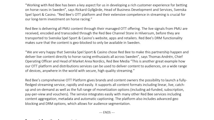 Red Bee's OTT Platform Enables New Partnership Between Svenska Spel and PMU - Delivering Live Horse Racing From France all Across Sweden