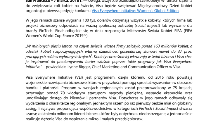 Visa organizuje pierwszy ogólnoświatowy konkurs dla kobiet-przedsiębiorców