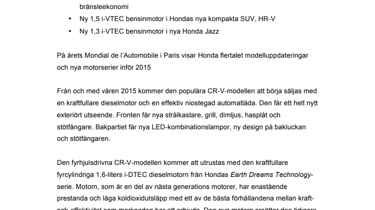 Honda visar tre nya Earth Dreams Technology-motorer på Paris Motorshow