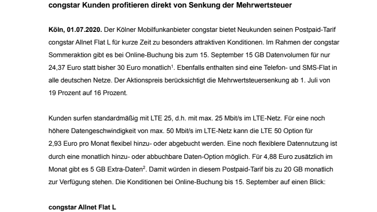congstar startet Sommeraktion mit Allnet Flat L für 24,37 Euro monatlich
