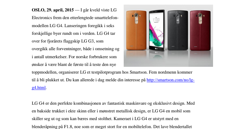 PREMIERE FOR LG G4 – SMARTTELEFON MED EKTE SKINN OG SUPERKAMERA