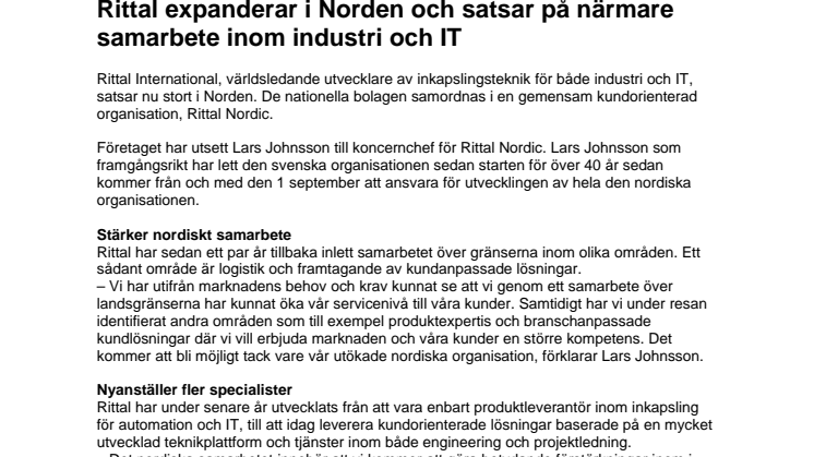Rittal expanderar i Norden och satsar på närmare samarbete inom industri och IT