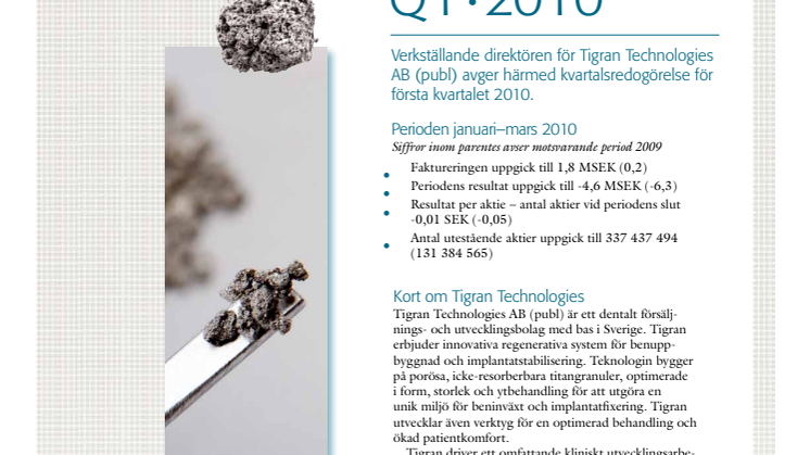 Tigran: Kvartalsredogörelse Q1 2010