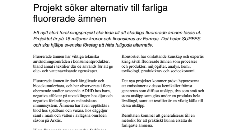 Projekt söker alternativ till farliga fluorerade ämnen