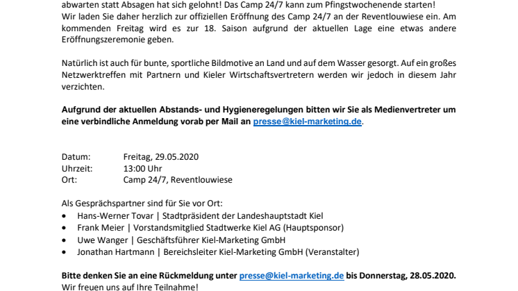 Presse-EINLADUNG Segelprojekt Camp 24/7 eröffnet zum Pfingstwochenende