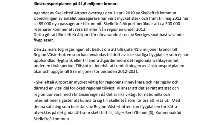 Skellefteå Airport får 41,6 miljoner kronor i driftsbidrag