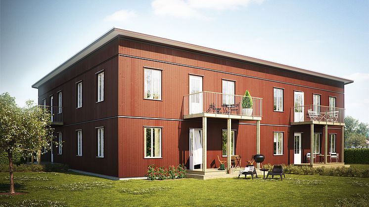 Illustration av gårdssida med balkong. Huset på bilden är inte det som ska byggas i BoKlok Droskan men är av samma hustyp. Avvikelser kan därför förekomma. 