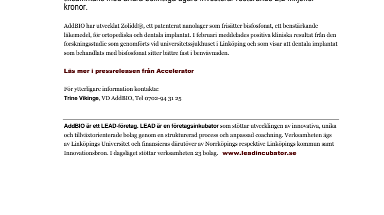 LEAD-bolaget AddBIO tar in 9,4 miljoner kronor i nyemission