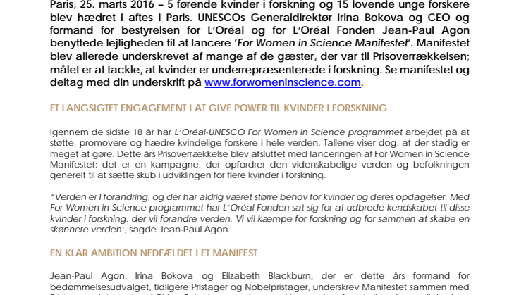 L'Oréal Fonden lancerer manifest for flere kvinder i forskning sammen med UNESCO - fordi kvinder i forskning har power til at ændre verden