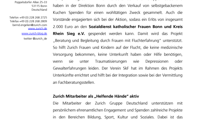 Regionales Engagement: Zurich Mitarbeiter setzen sich für gemeinnützige Organisationen ein