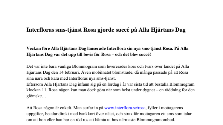 Interfloras sms-tjänst Rosa gjorde succé på Alla Hjärtans Dag