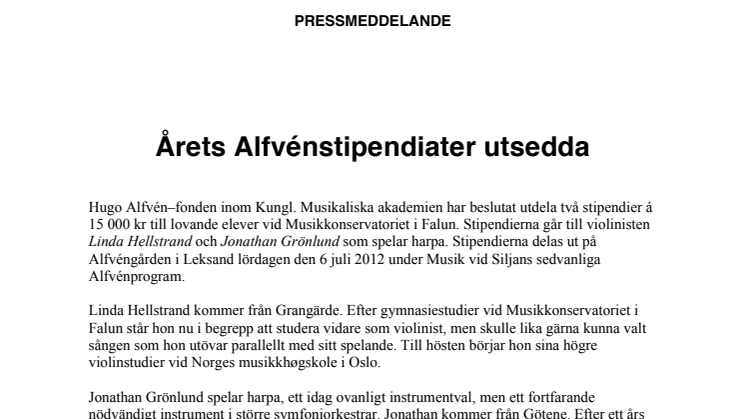Årets Alfvénstipendiater utsedda