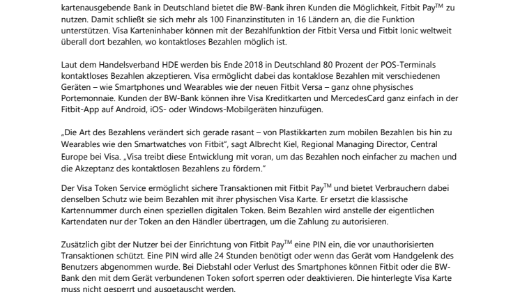 Visa bringt kontaktloses Bezahlen mit Fitbit Pay TM nach Deutschland