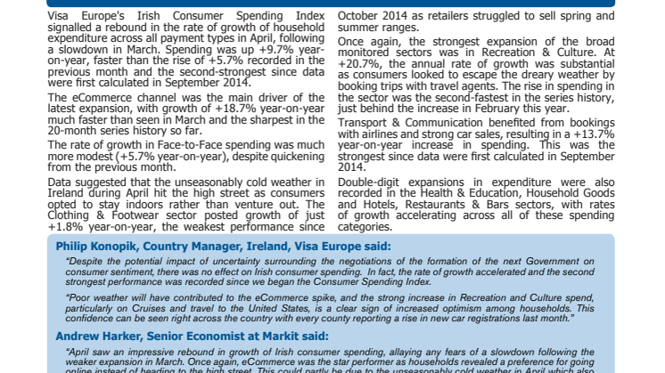 Visa Europe's Irish Consumer Spending Index - 9th May 2016