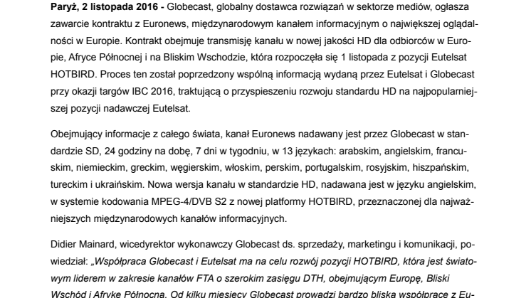 Euronews HD, nowy kanał Globecast na pozycji Eutelsat HOTBIRD
