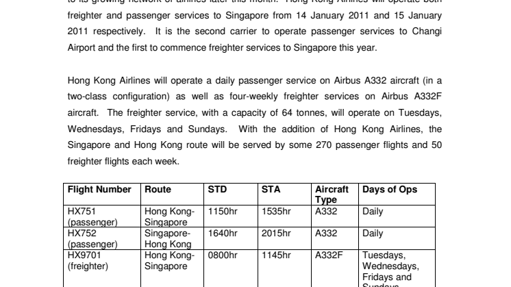 Singapore Changi Airport to welcome Hong Kong Airlines