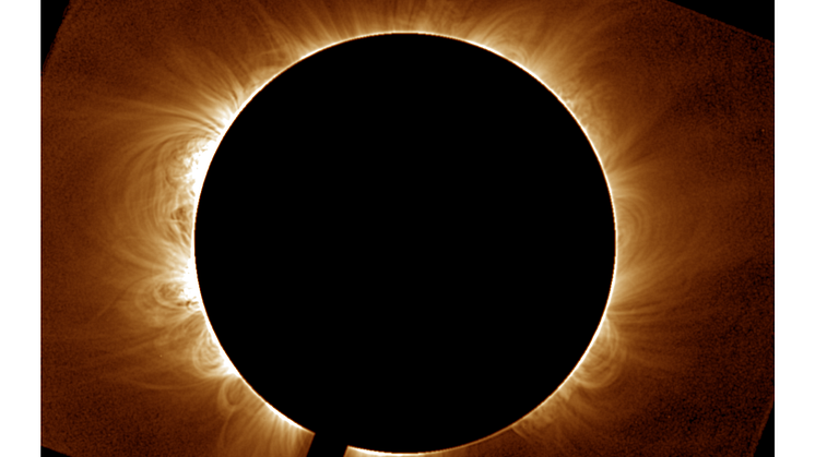 An image taken in infrared light. The Sun’s disc is blocked out by a coronagraph, a similar effect as the moon during a solar eclipse. The bright wispy, hair-like features are where the Sun’s gas is highlighting the magnetic field.