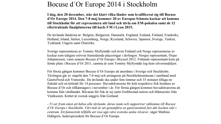 20 länder är kvalificerade till  Bocuse d´Or Europe 2014 i Stockholm 