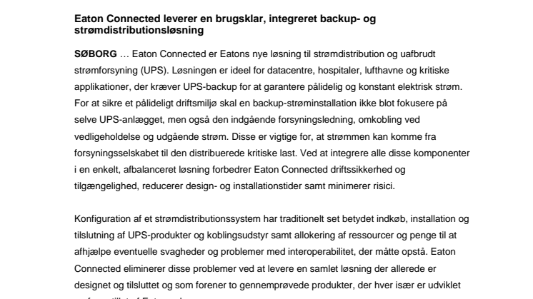Eaton Connected leverer en brugsklar, integreret backup- og strømdistributionsløsning