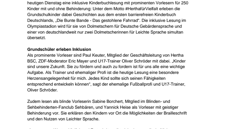 Hertha-Verantwortliche lesen für Kinder mit und ohne Behinderung  / Inklusive Lesung für 250 Schulkinder im Olympiastadion 