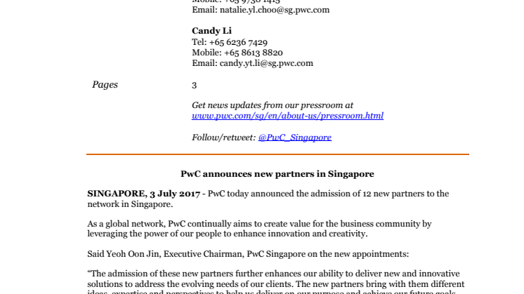 PwC announces new partners in Singapore
