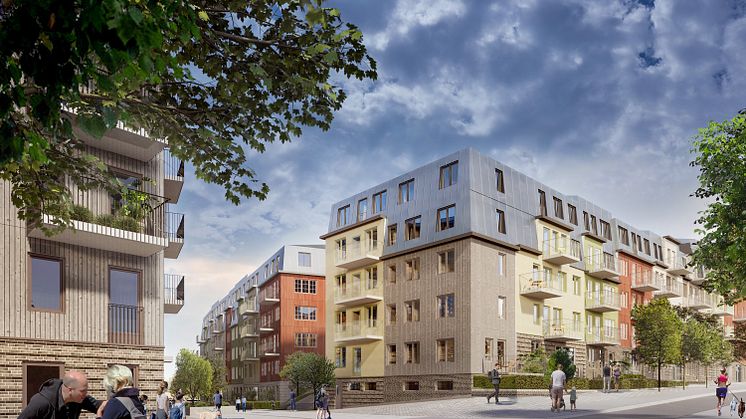 Tryckeriet byggs med en mix av fasadmaterial, som trä, tegel och sten. Bild: Genova Handelsmannen Fastighet AB