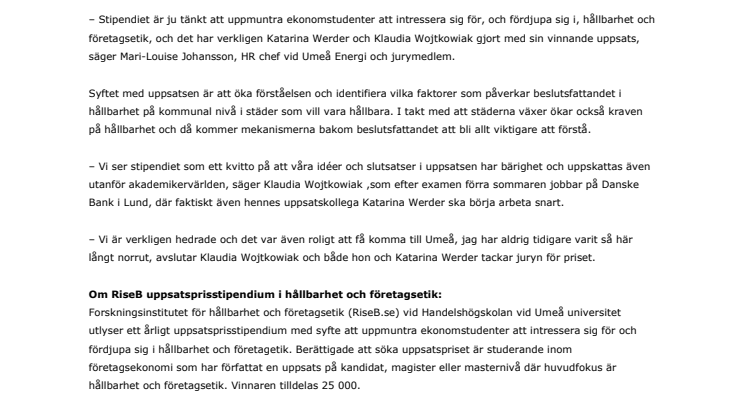 Uppsatsstipendium utdelat till vältajmad uppsats