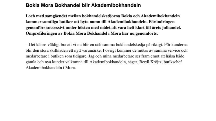 Bokia Mora Bokhandel blir Akademibokhandeln 