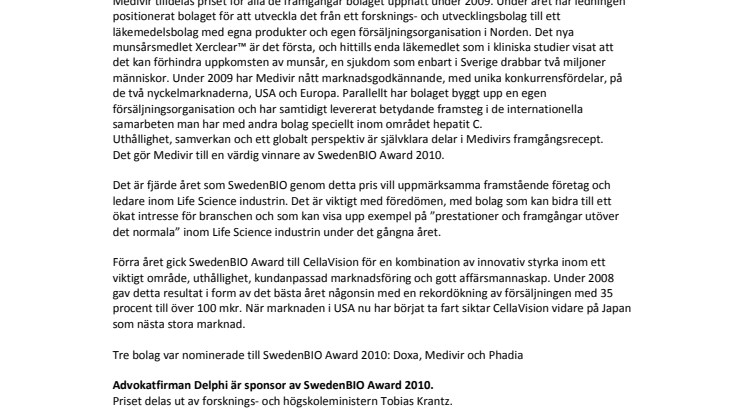 Medivir - vinnare av SwedenBIO Award2010