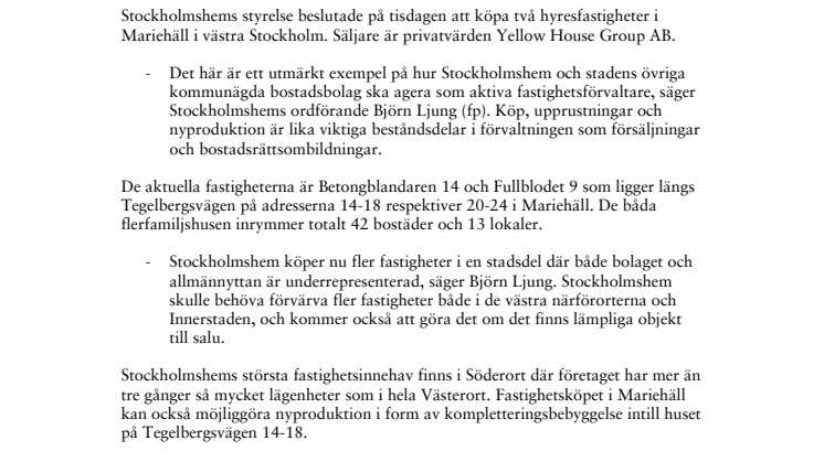 Stockholmshem köper bostadsfastigheter i Mariehäll