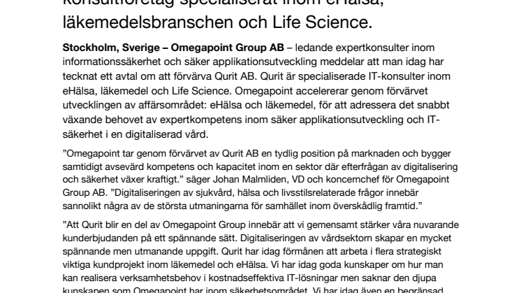 Omegapoint förvärvar ett av Sveriges ledande IT-konsultföretag specialiserat inom eHälsa, läkemedelsbranschen och Life Science