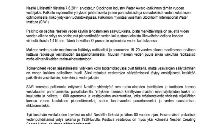 Nestlélle kansainvälinen Stockholm Industry Water Award -palkinto
