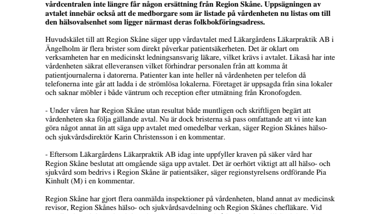Region Skåne säger upp vårdavtalet med Läkargårdens Läkarpraktik AB i Ängelholm