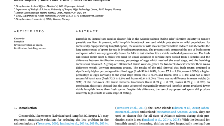 Article on The effects of cryogenically preserved sperm on lumpfish breed  Aquaculture 547 737466.pdf