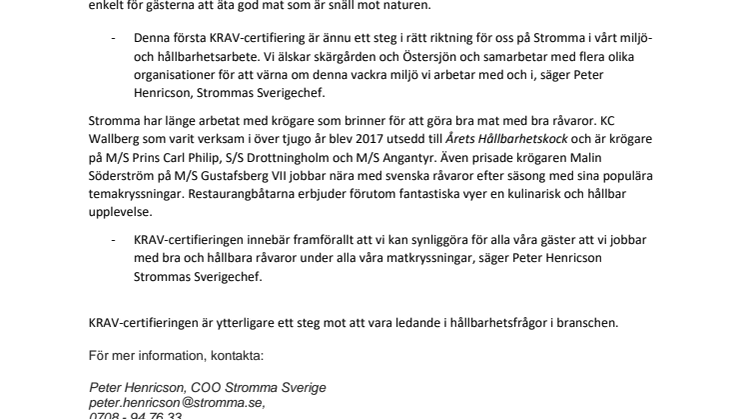 Stromma inför KRAV-certifiering på alla restaurangbåtar