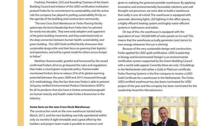 LEED Gold certificate for Forbo Flooring Systems warehouse in the Netherlands