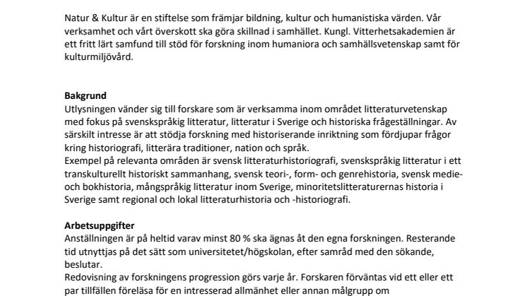 Utlysning akademiforskartjänst svensk litteraturhistoria