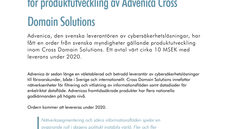 Order värd 10 MSEK från svenska myndigheter för produktutveckling av Advenica Cross Domain Solutions