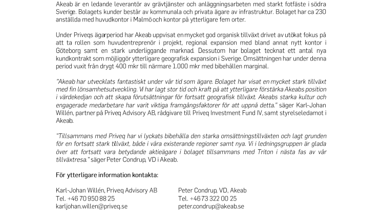 Priveq Investment avyttrar Akeab till Triton